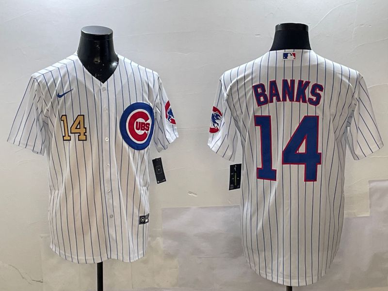 Men Chicago Cubs 14 Banks White Stripe Game 2025 Nike MLB Jersey style 2
